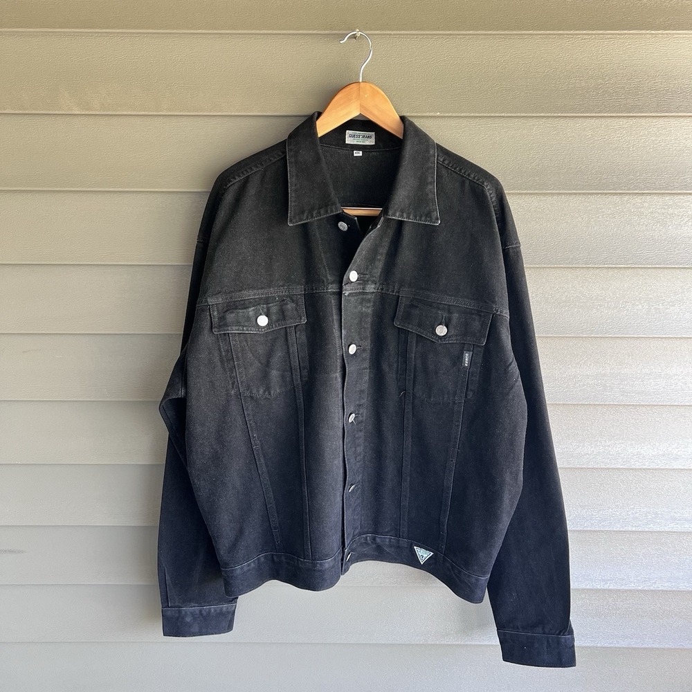 Vintage Guess Jeans Black Denim Trucker Jacket XXL 90s Made USA